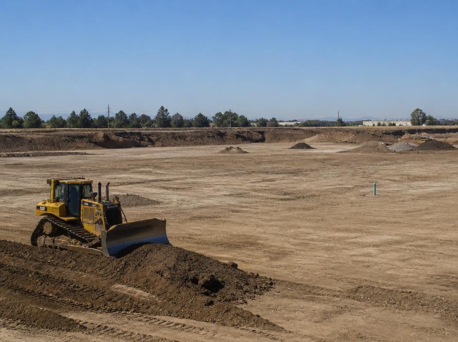 Cleared and graded industrial site with bulldozer and stockpiles